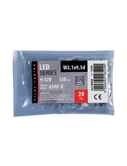 9/32V Mega-Led 9 - 1 Smd x 9 chips - (T10) - W2,1x9,5d - 2/20 pz - D/Blister - Bianco - Doppia polarità